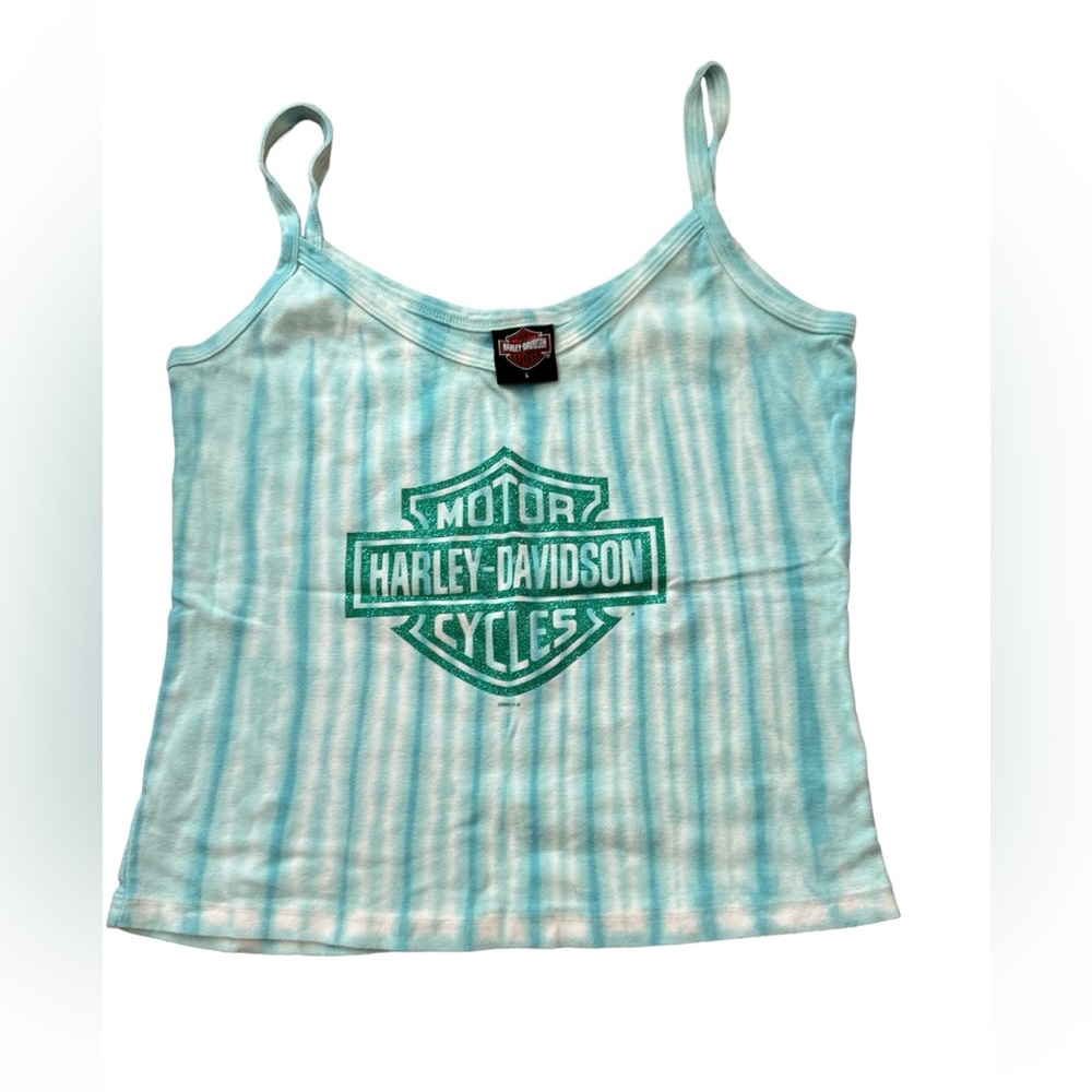 Harley Davidson Women’s Size Large Tie Dye Blue/Turquoise Tank Top Glitter Logo‎